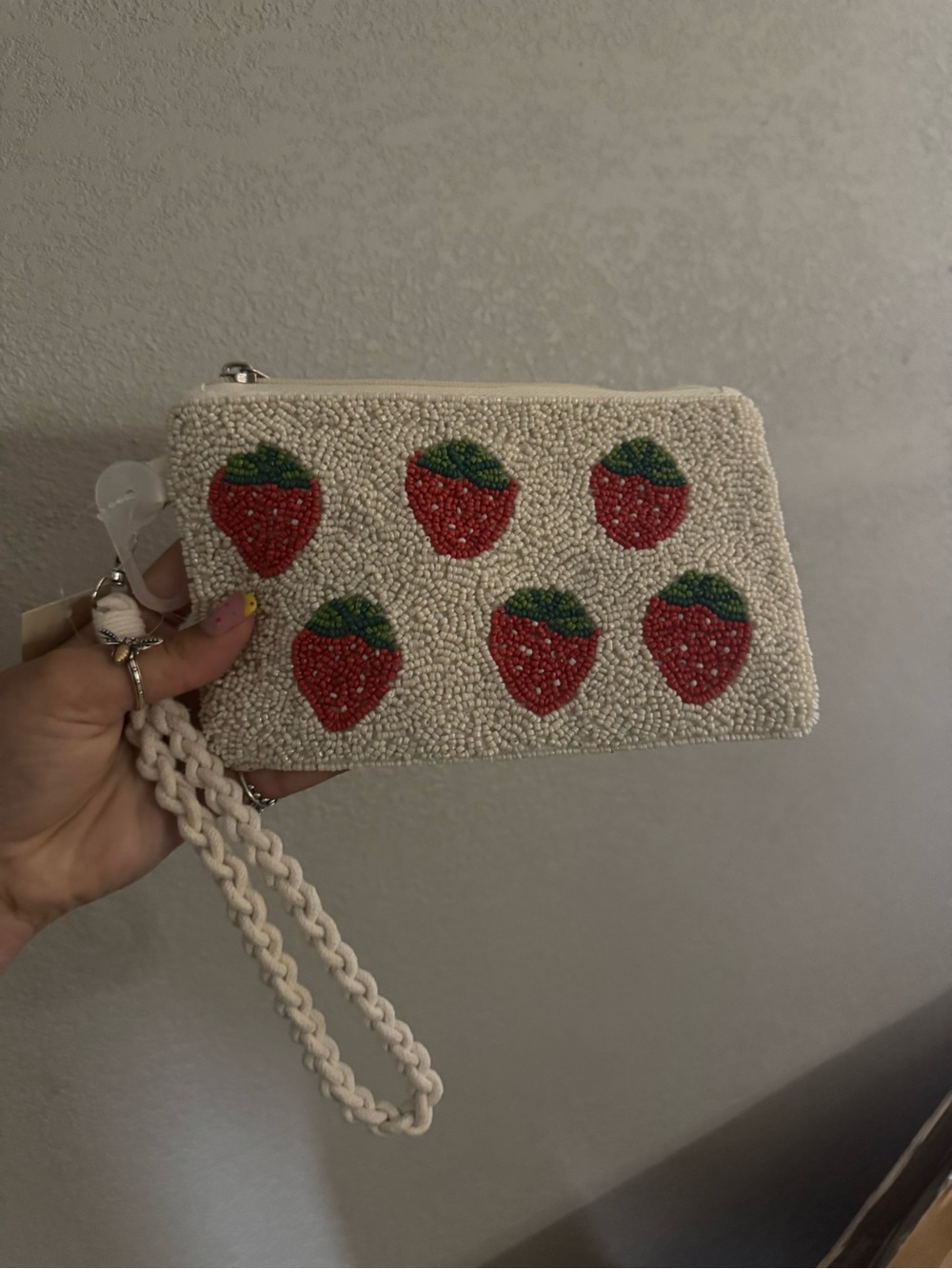 No Boundaries Cream Beaded Strawberry Wristlet